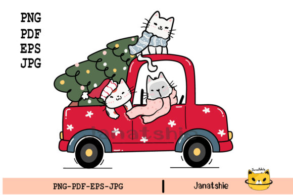 Cats with Christmas Tree on Red Truck